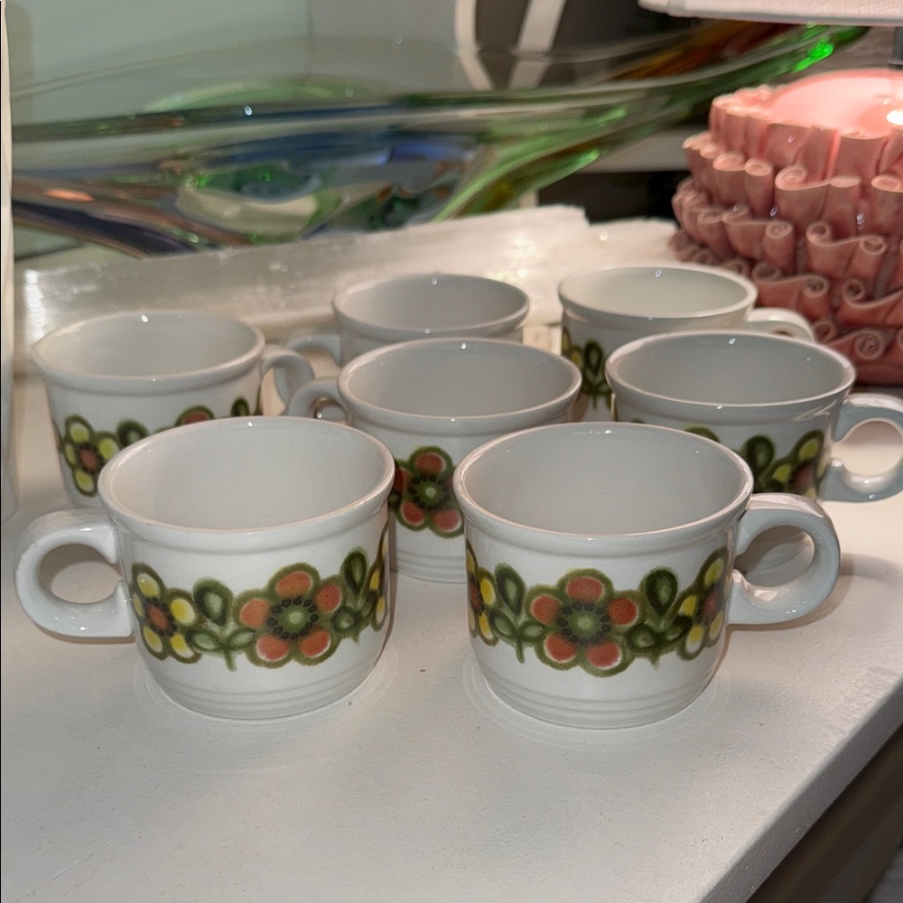 vintage 1960s MCM Myott Mirage coffee or teacups. 
Floral green, yellow,orange